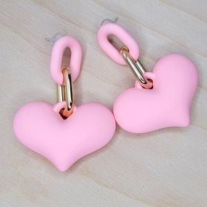 Light Pink, Chunky Heart and Chain Link Earrings, S925 Posts, 2.25" Drop